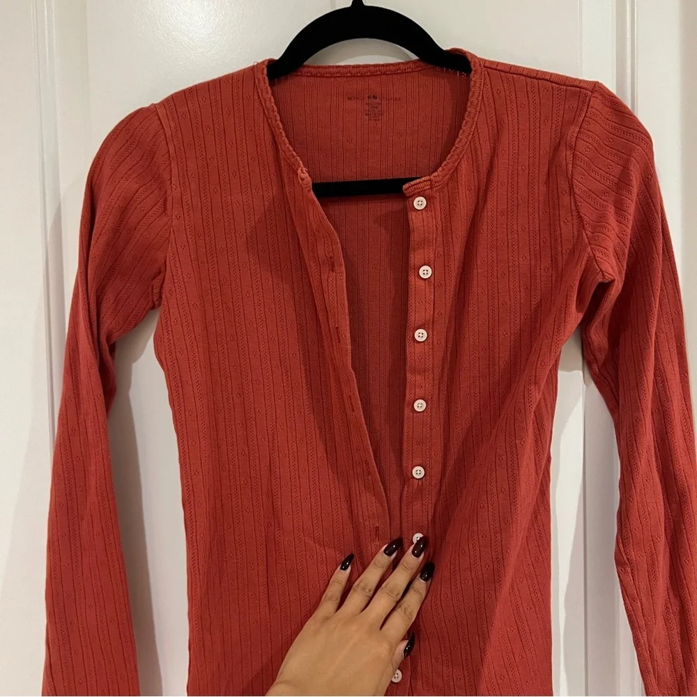 Brandy Melville Red Pointelle Button-Up Top - Picture 1 of 5